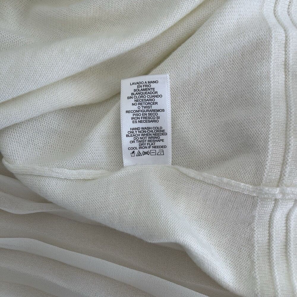Elie Tahari cream V Neck Knit Hi Low sweater Tunic Sheer pleated back L - Picture 10 of 10